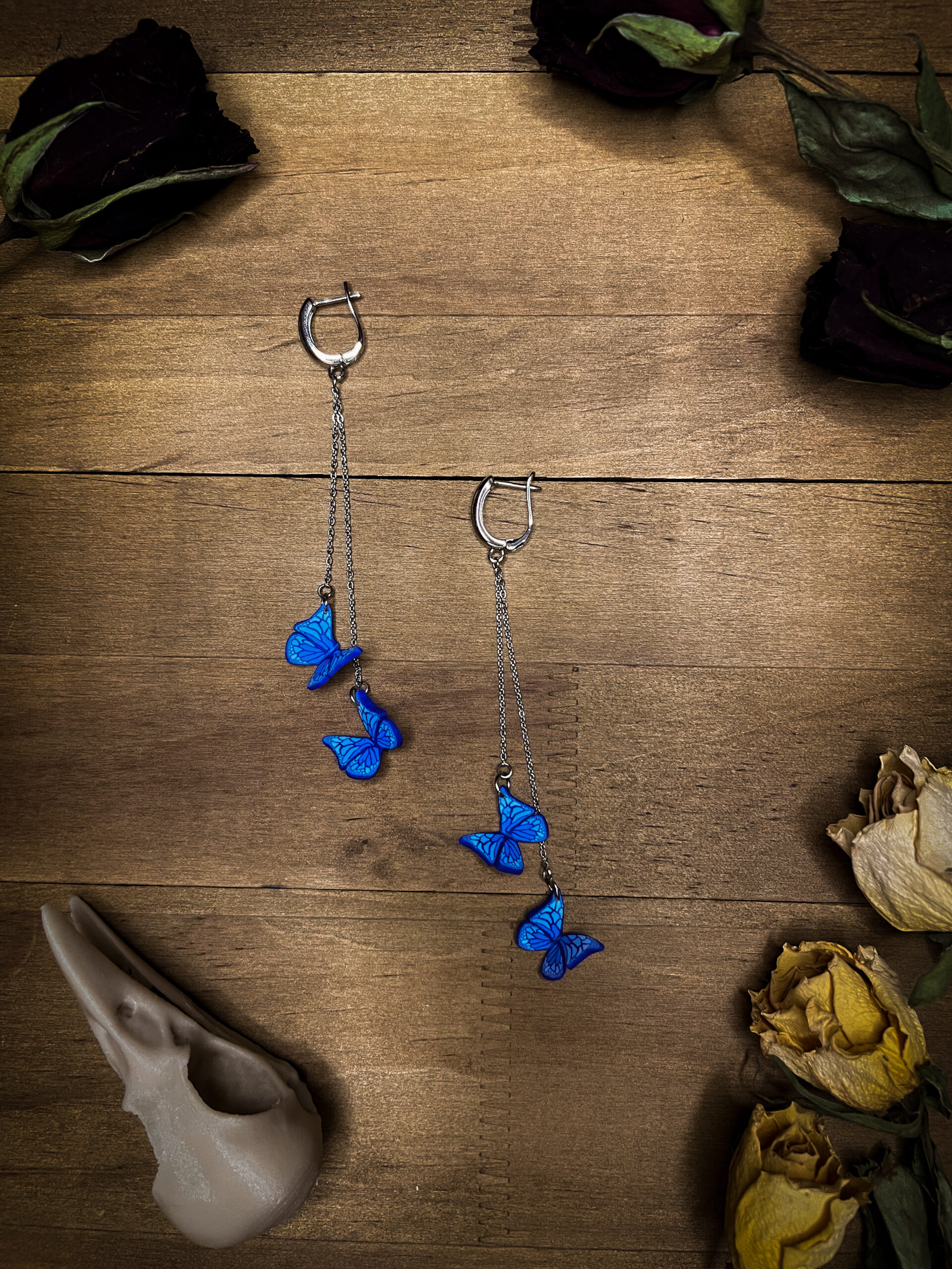 Elegant Blue Butterfly Earrings - Handmade Polymer Clay Jewelry