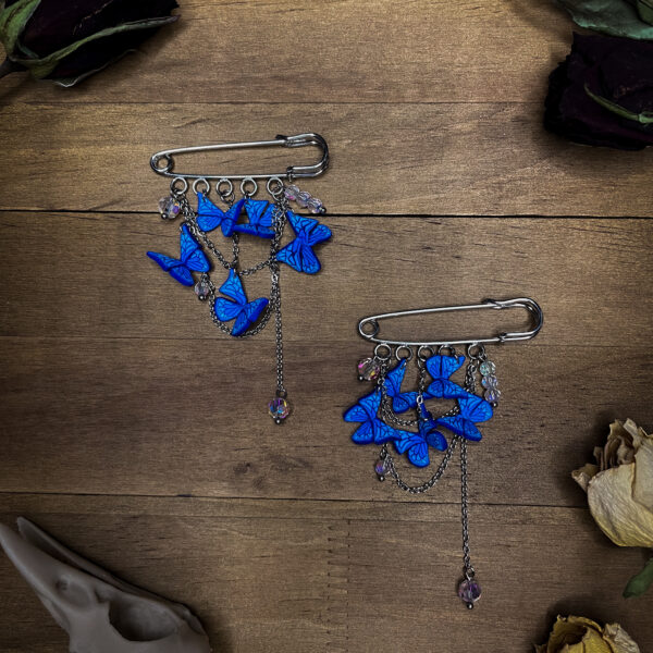 Handmade Blue Butterfly Brooch with Delicate Chains