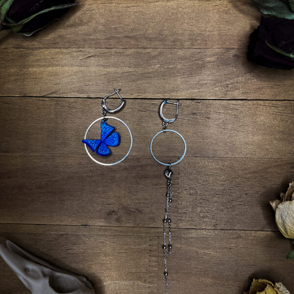 Handmade Blue Butterfly Earrings with Asymmetrical Design