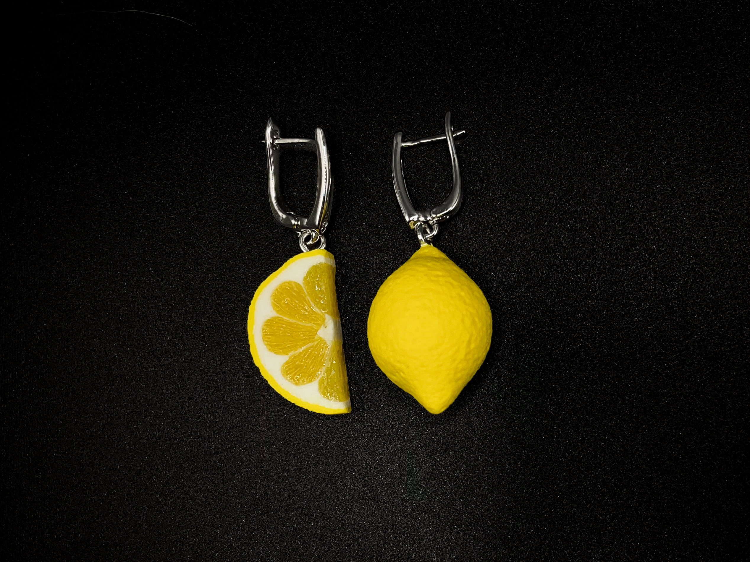 Realistic Lemon Earrings – Handmade Polymer Clay Jewelry with Rhodium Plated Hooks