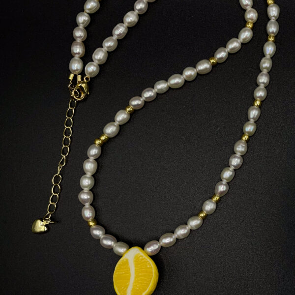 Lemon & Pearl Necklace – Real Pearls, Gold-Plated Clasp, and Polymer Clay Pendant