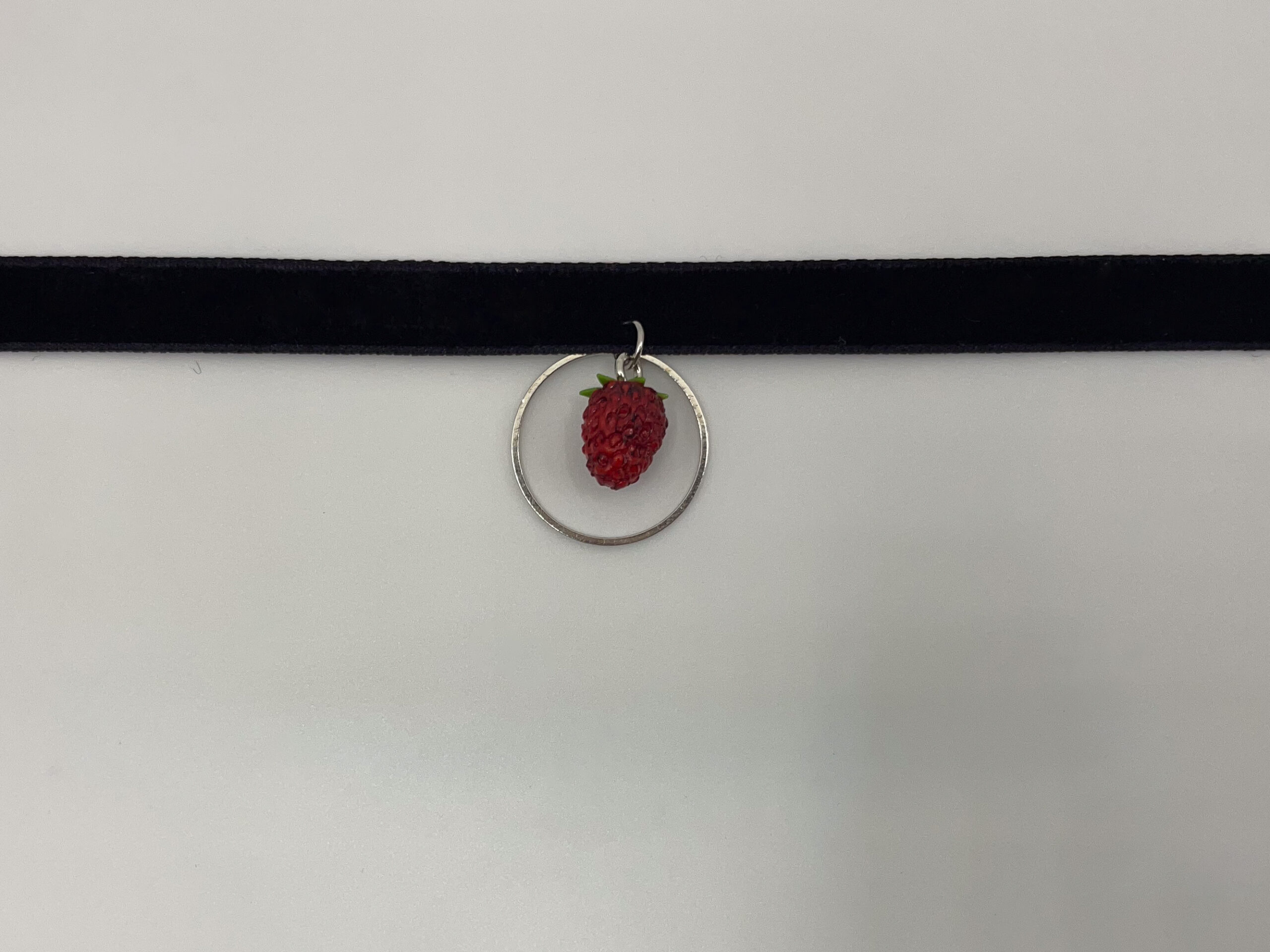 Handmade Strawberry Choker with Black Velvet and Metal Ring